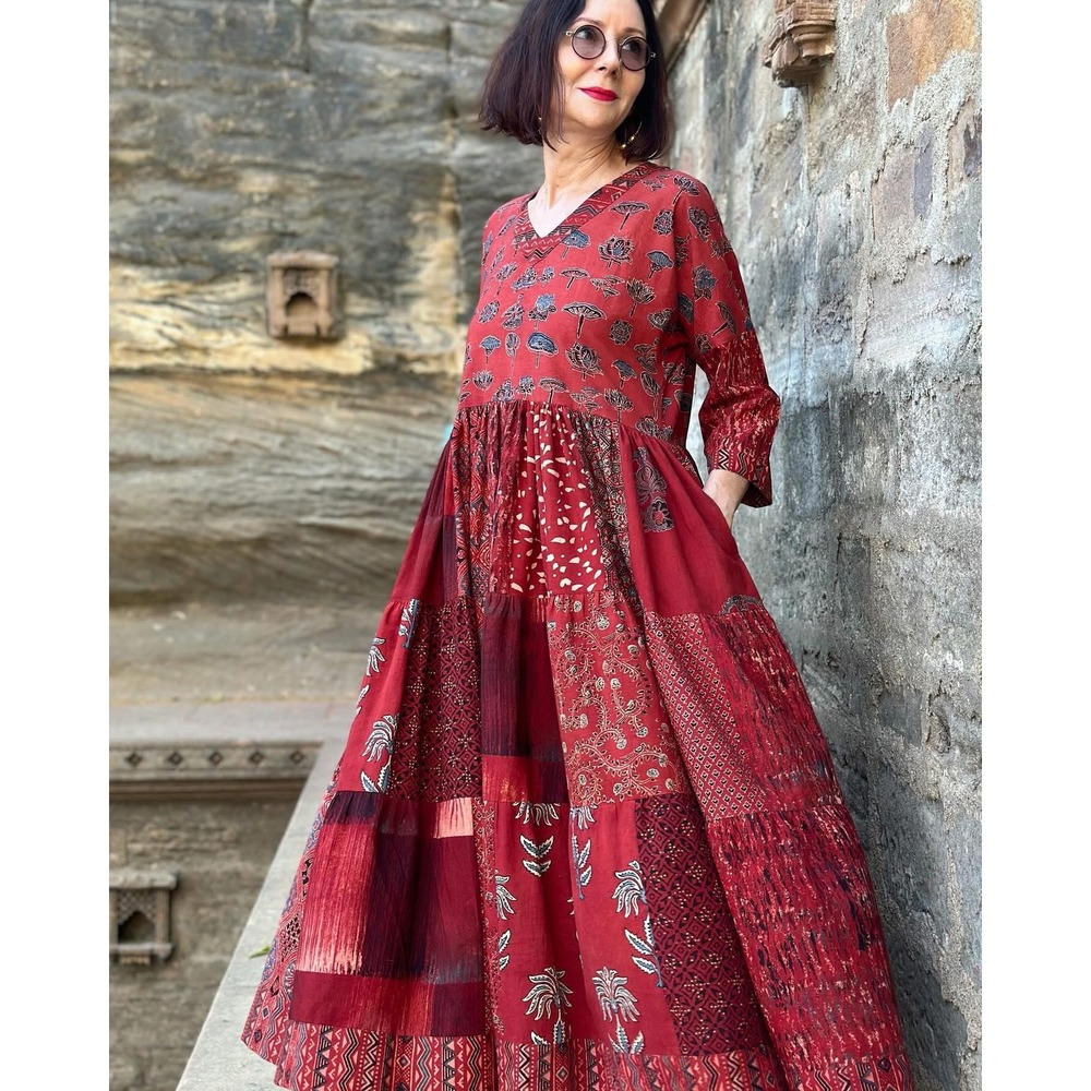 Madame Hall Handloom Cotton Patchwork Tiered Maxi Dress Red Oversized Pockets
